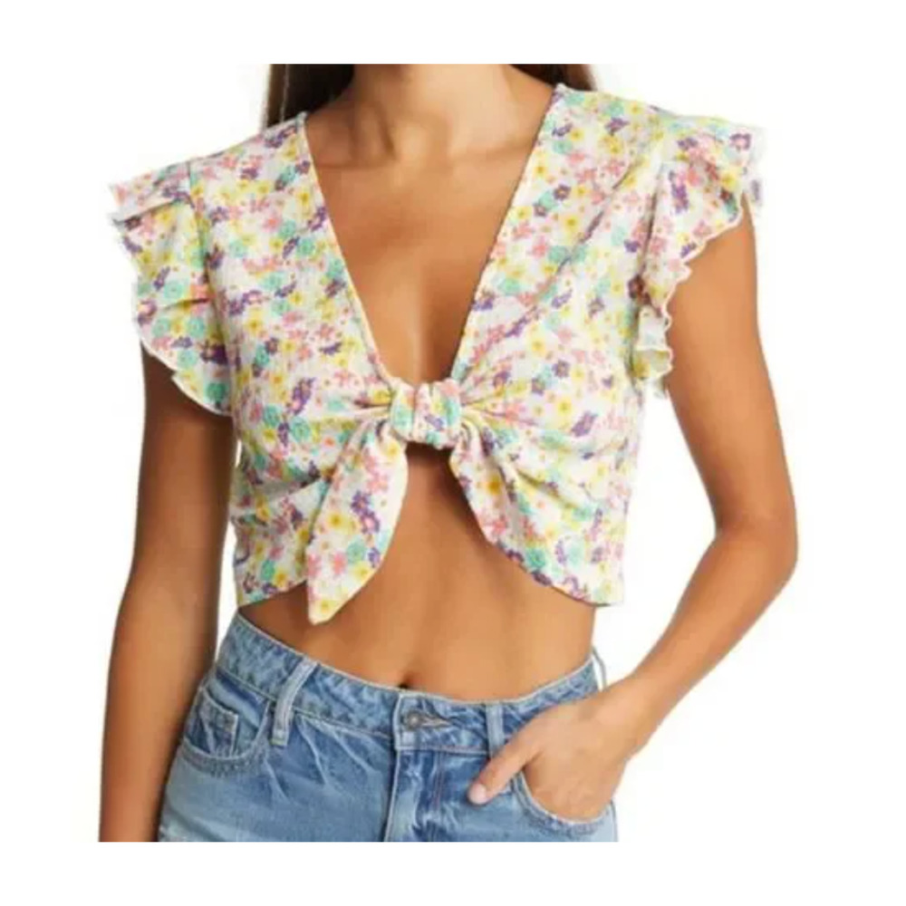 VERO MODA Tie-Front Knot Crop Top, Floral Print | Sz Small, New!   N1